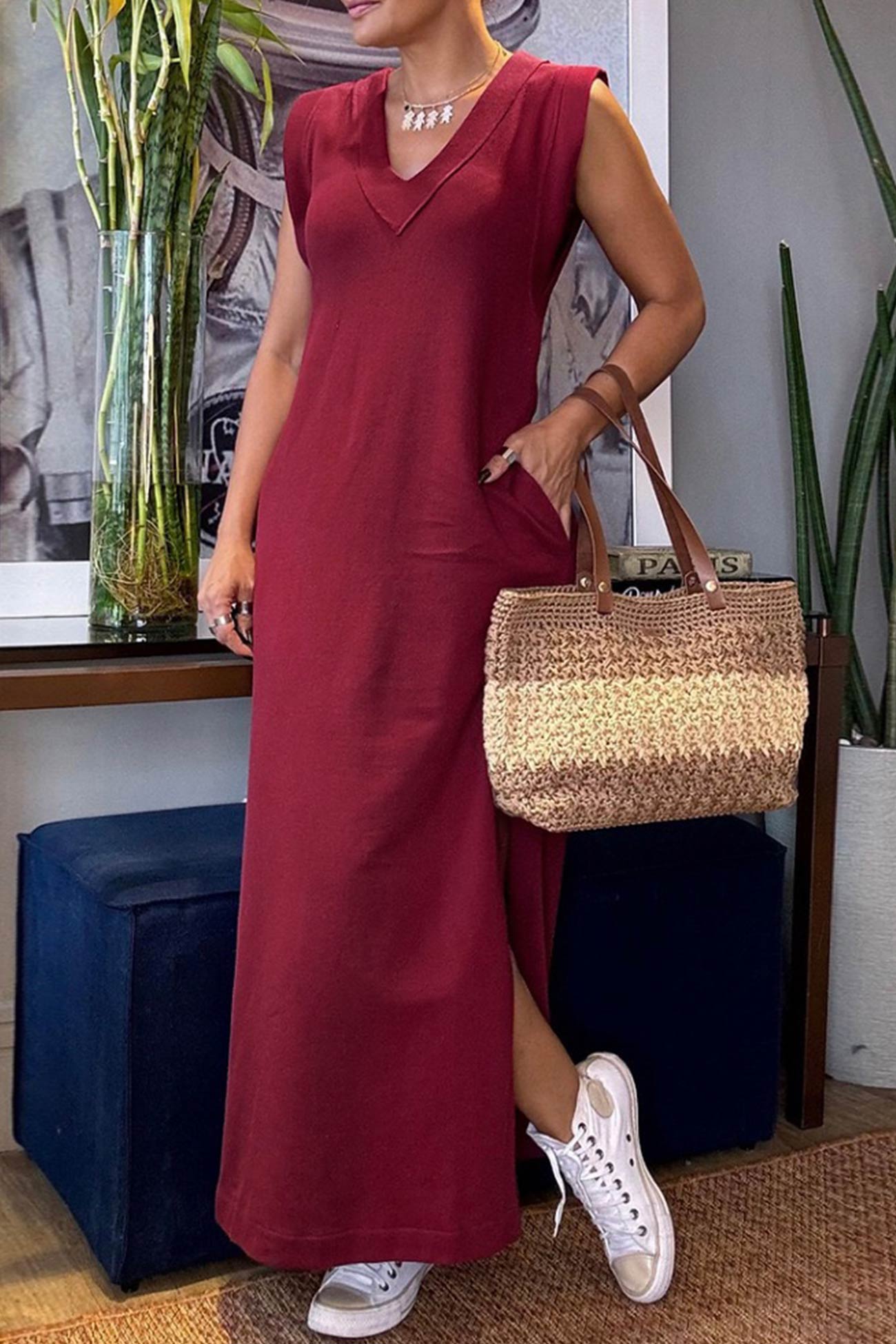 V Neck Pocketed Side Slit Tank Dress - Fashionpara