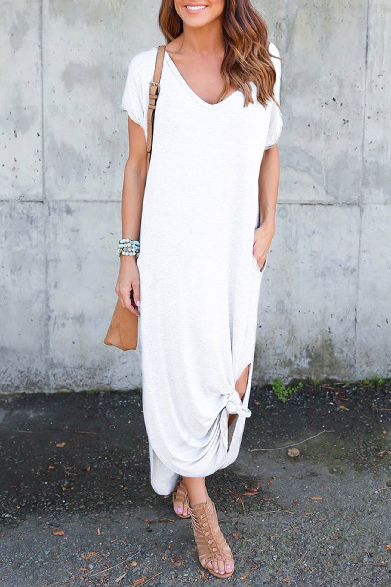 V Neck Pocketed Slit Dress