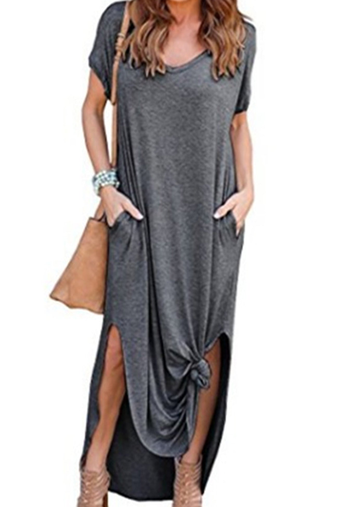 V Neck Pocketed Slit Dress
