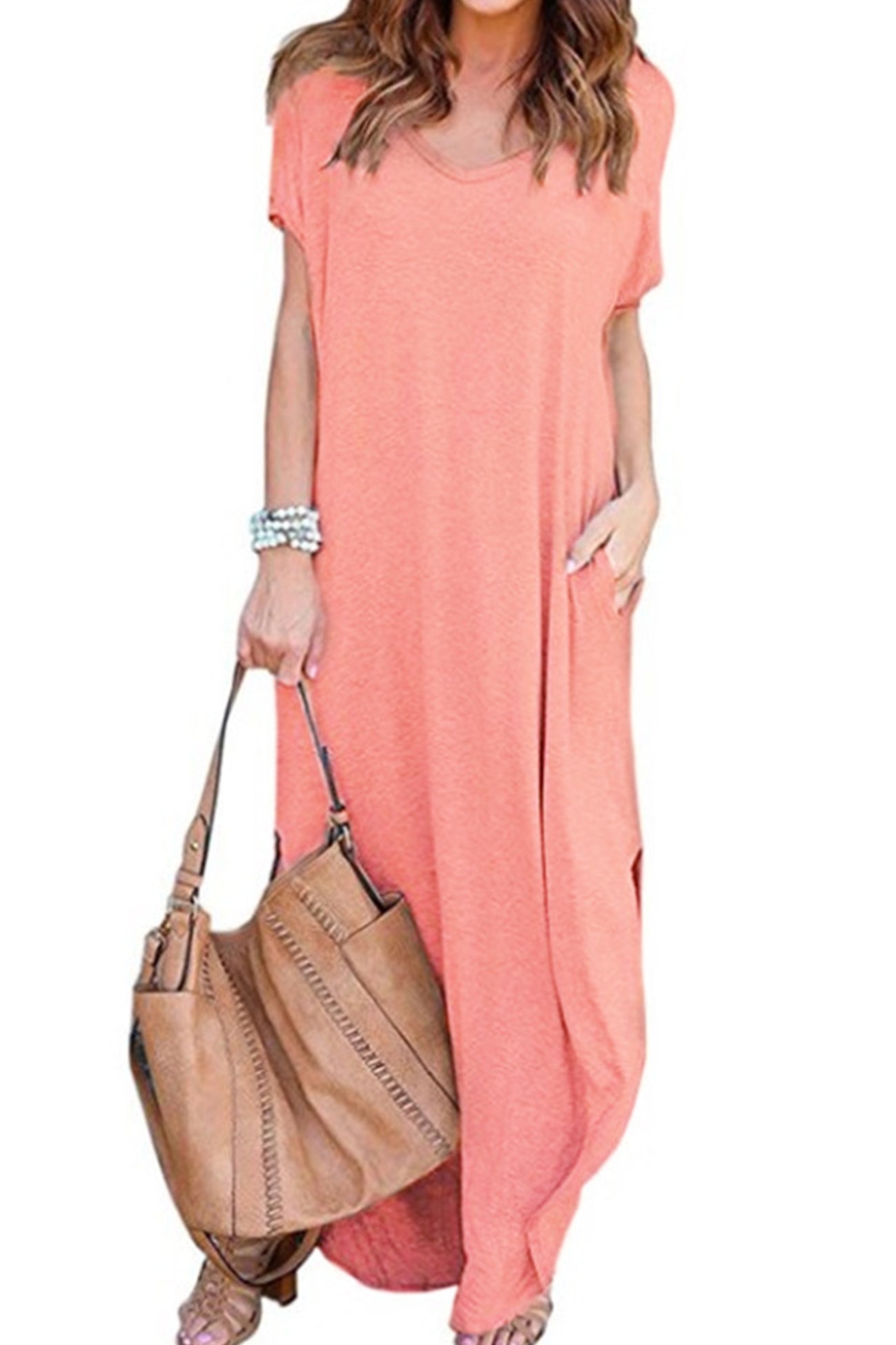 V Neck Pocketed Slit Dress