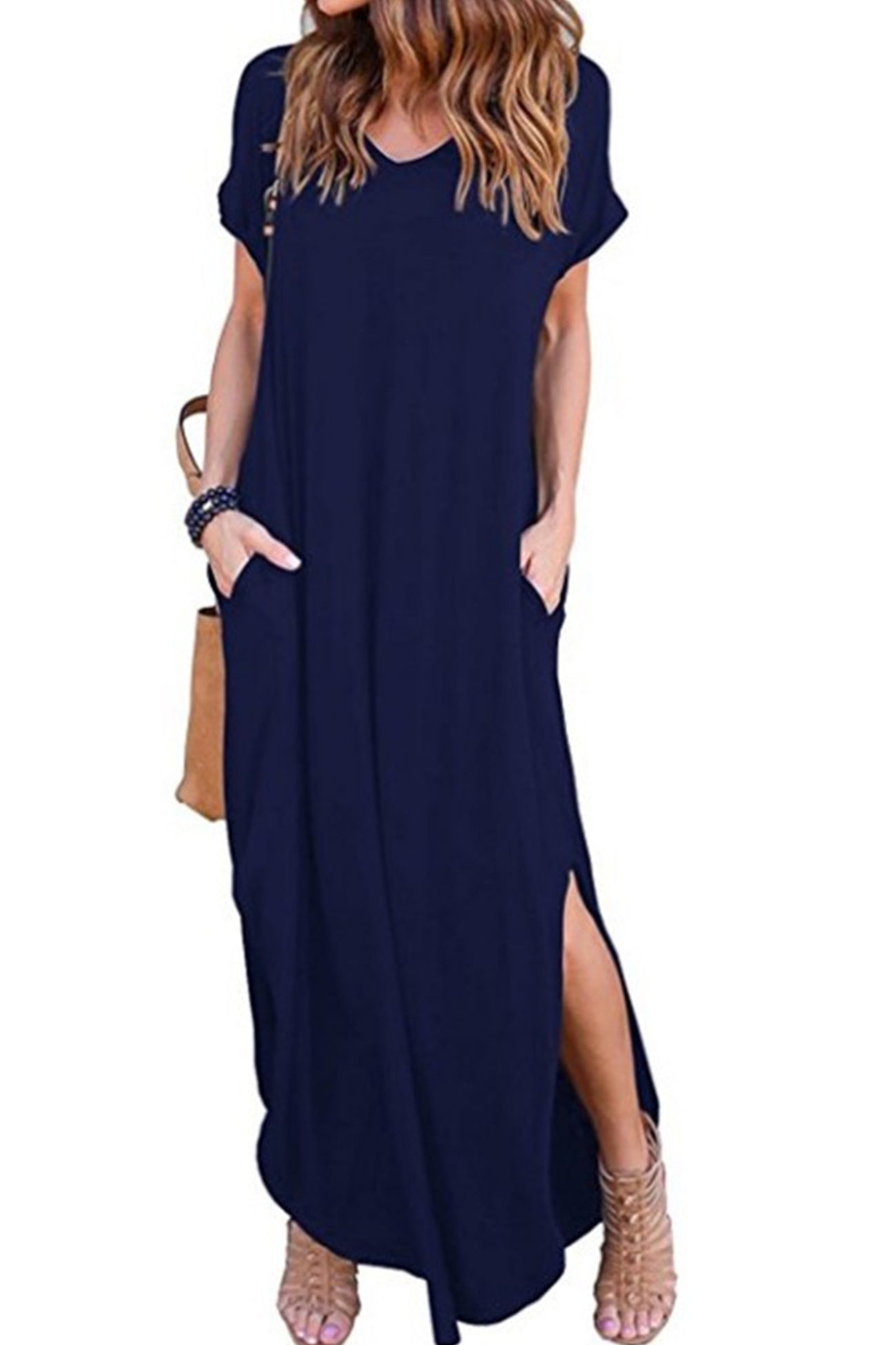 V Neck Pocketed Slit Dress