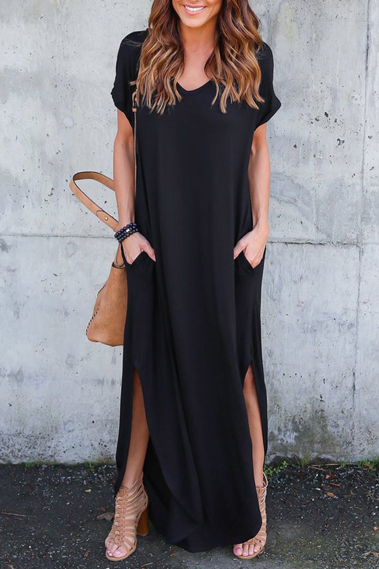 V Neck Pocketed Slit Dress