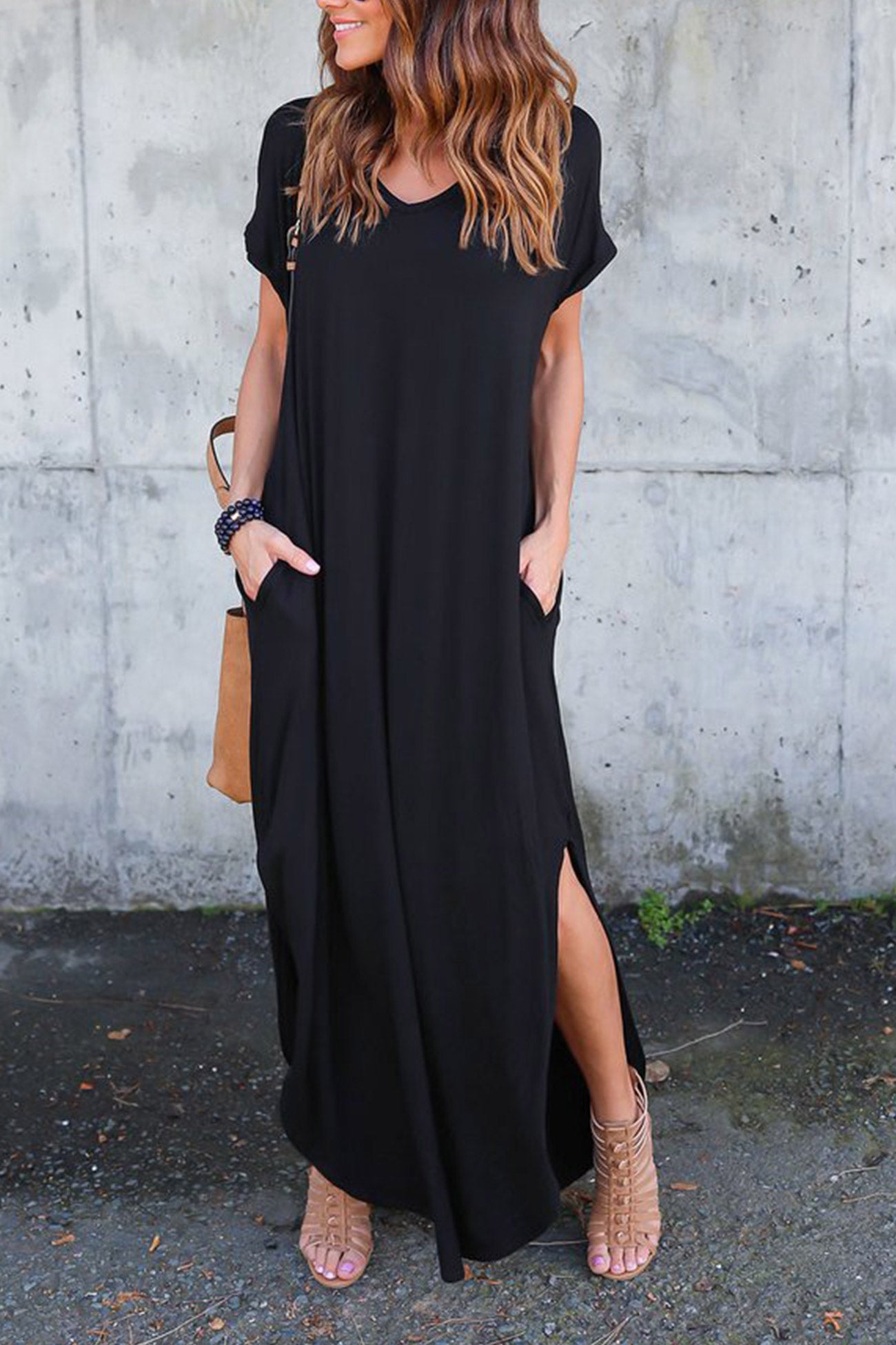 V Neck Pocketed Slit Dress