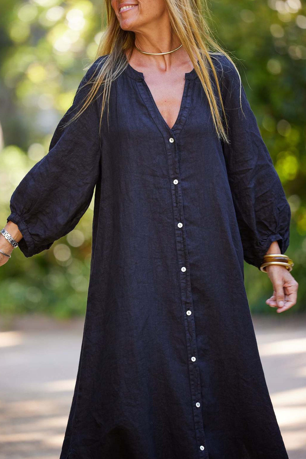 V Neck Single-breasted Long Sleeve Dress