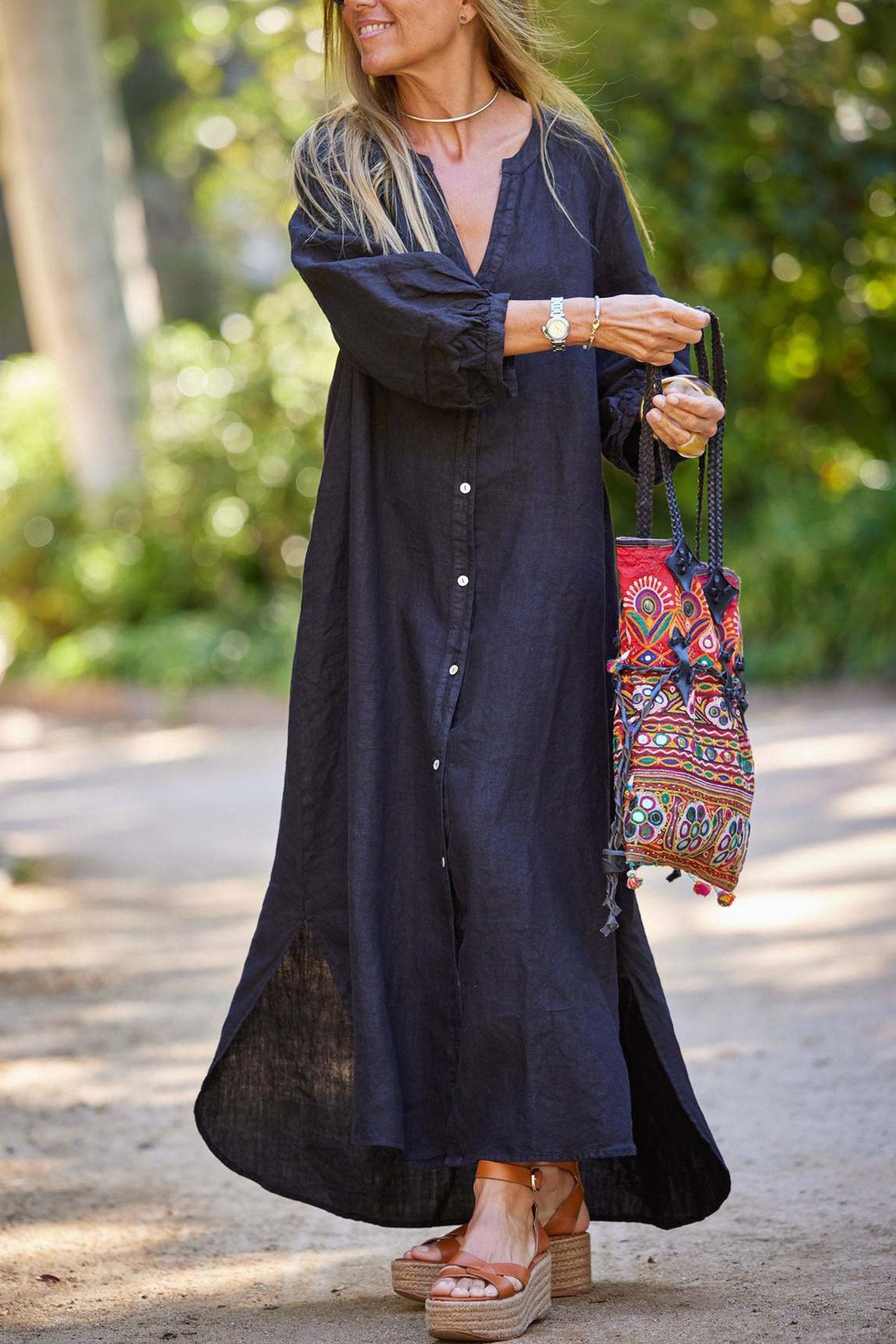 V Neck Single-breasted Long Sleeve Dress