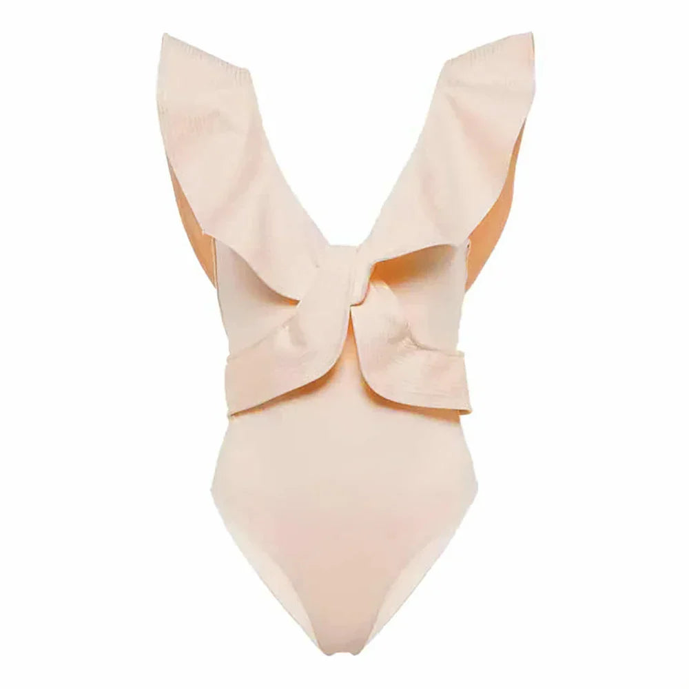 Solid V-Neck Slim Fit Swimsuit One Piece