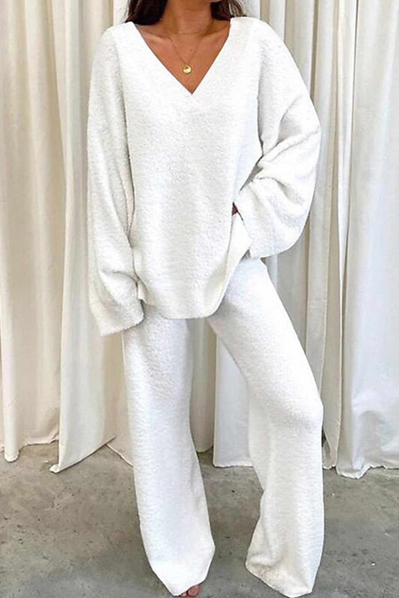 V Neck Solid Slit Hem Loungewear