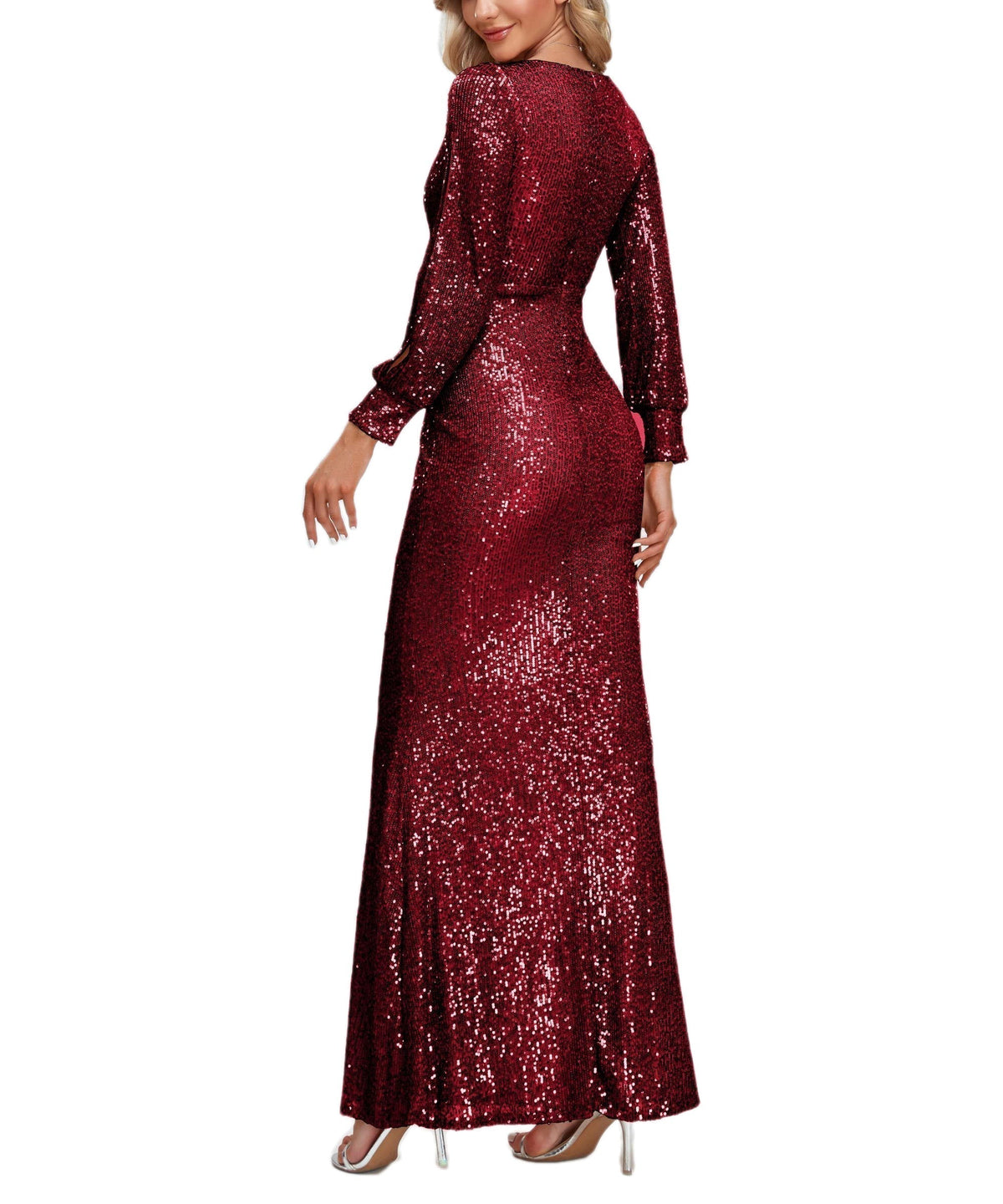 Sequin V-Neck Long Sleeve Ruched Mermaid Evening Gown - View 8