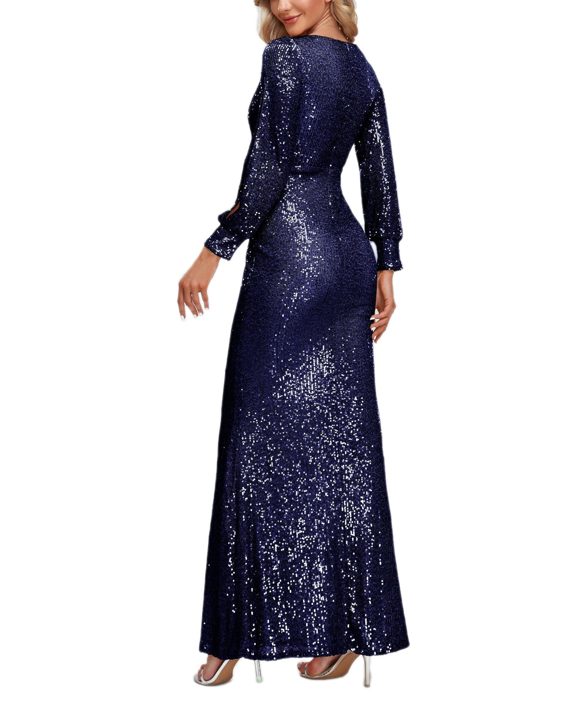 Sequin V-Neck Long Sleeve Ruched Mermaid Evening Gown - View 12