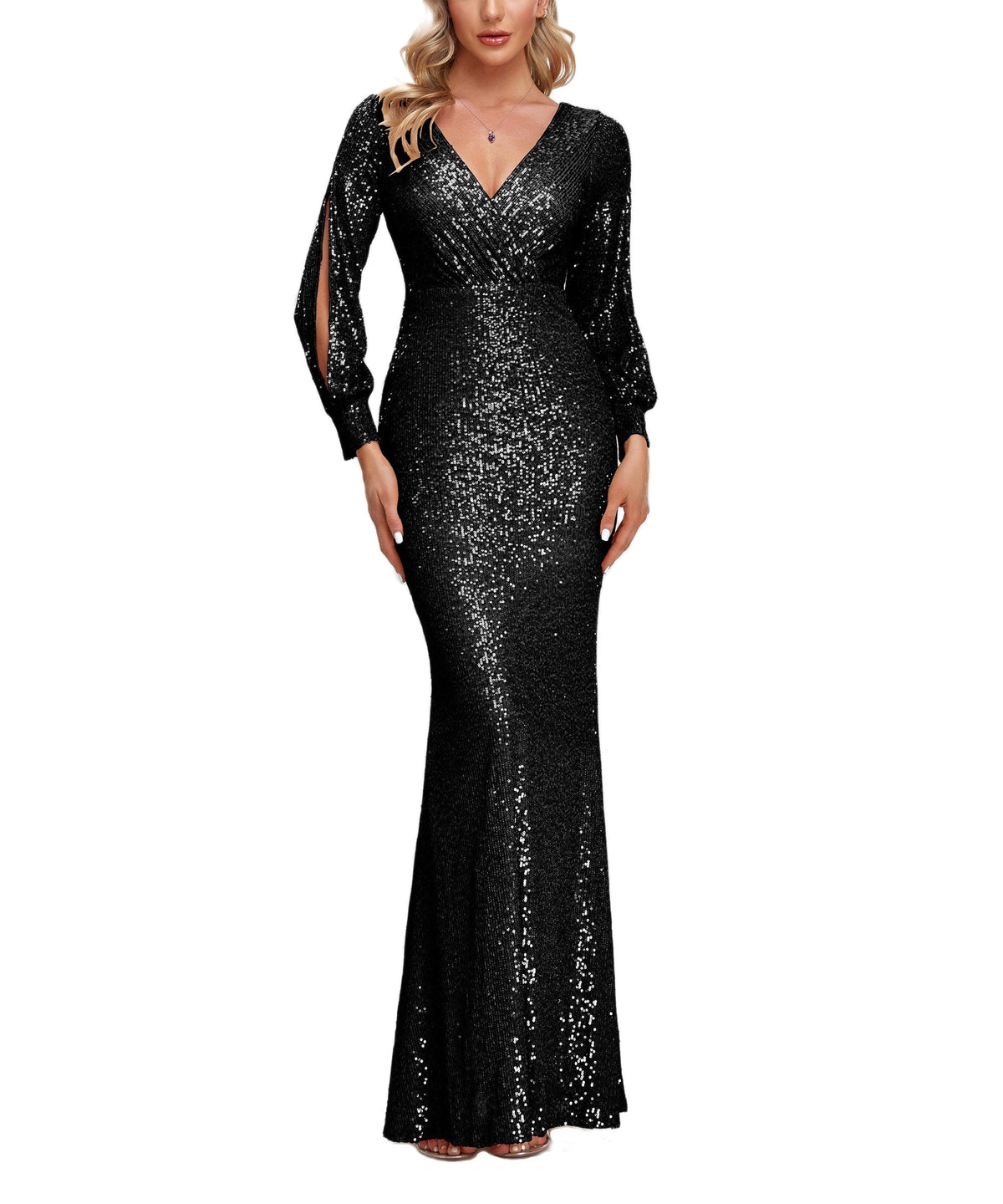 Sequin V-Neck Long Sleeve Ruched Mermaid Evening Gown
