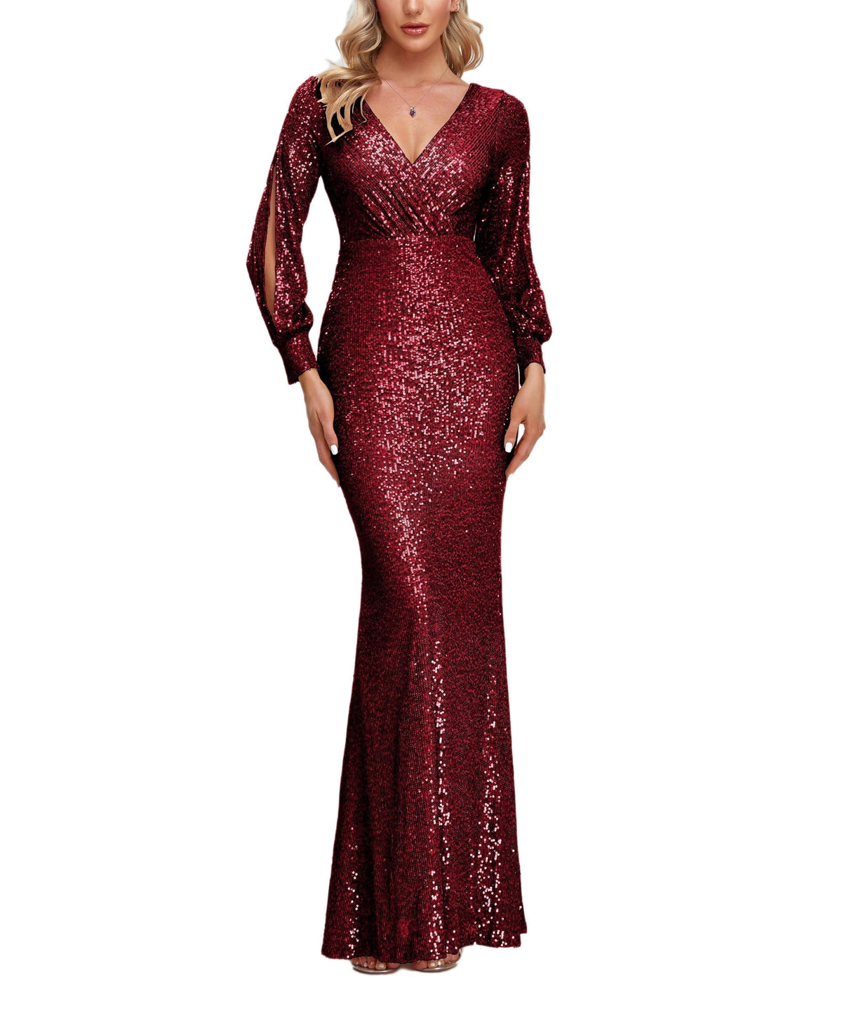 Sequin V-Neck Long Sleeve Ruched Mermaid Evening Gown - View 5