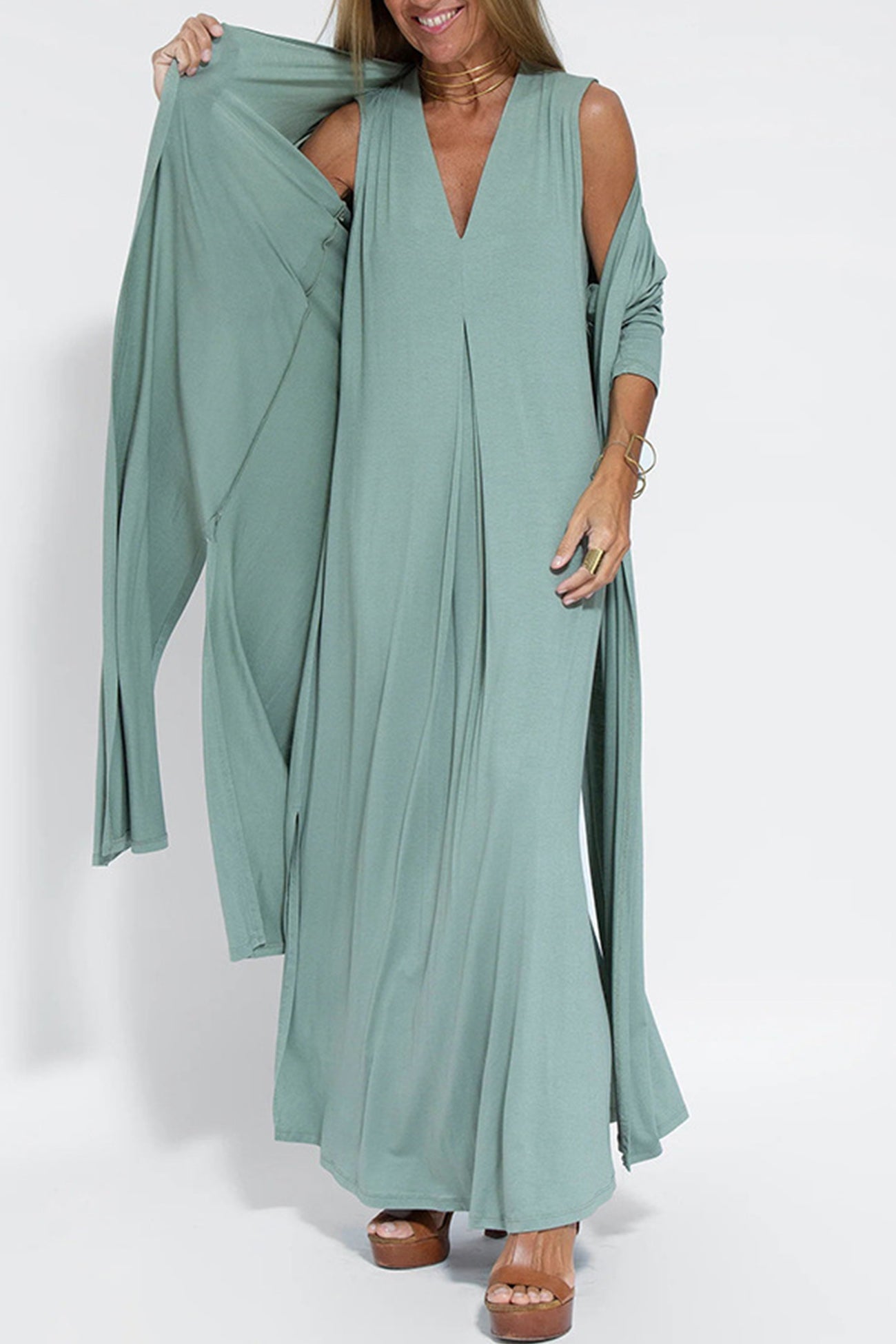 Stylish V Neck Tank Dress and Long Cardigan Set for You