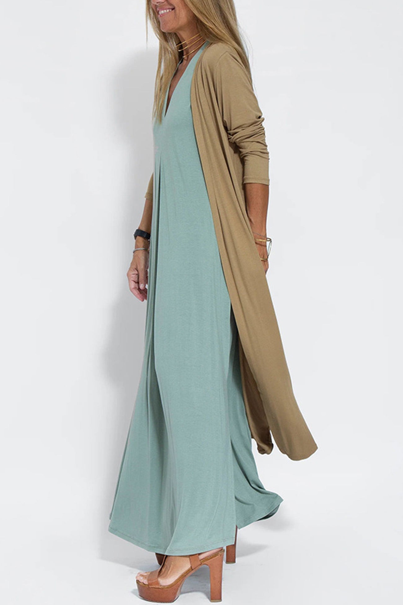 Stylish V Neck Tank Dress and Long Cardigan Set for You