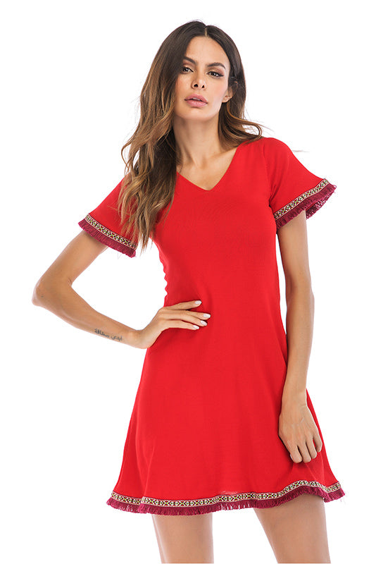 V Neck Tassel Hem Lace-up Back Mini Dress - Mislish