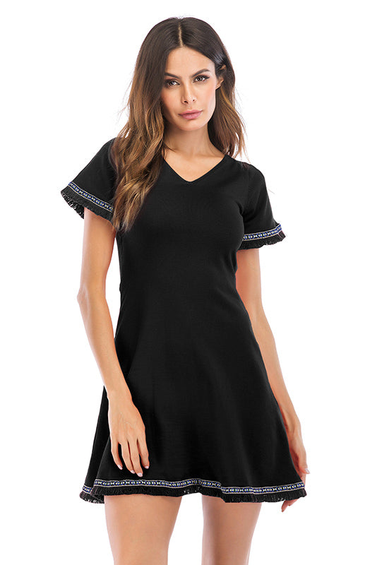 V Neck Tassel Hem Lace-up Back Mini Dress - Mislish