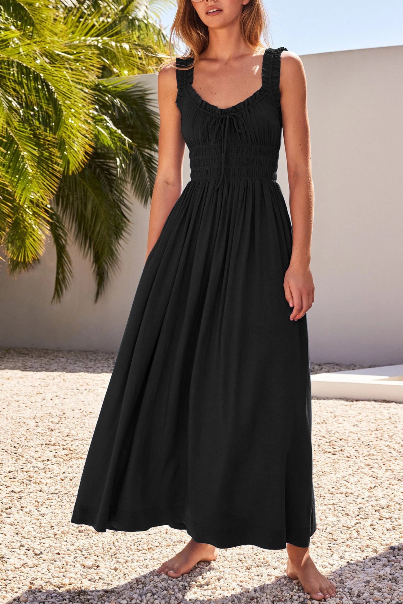 V Neck Tie-up Smocked Midi Dress