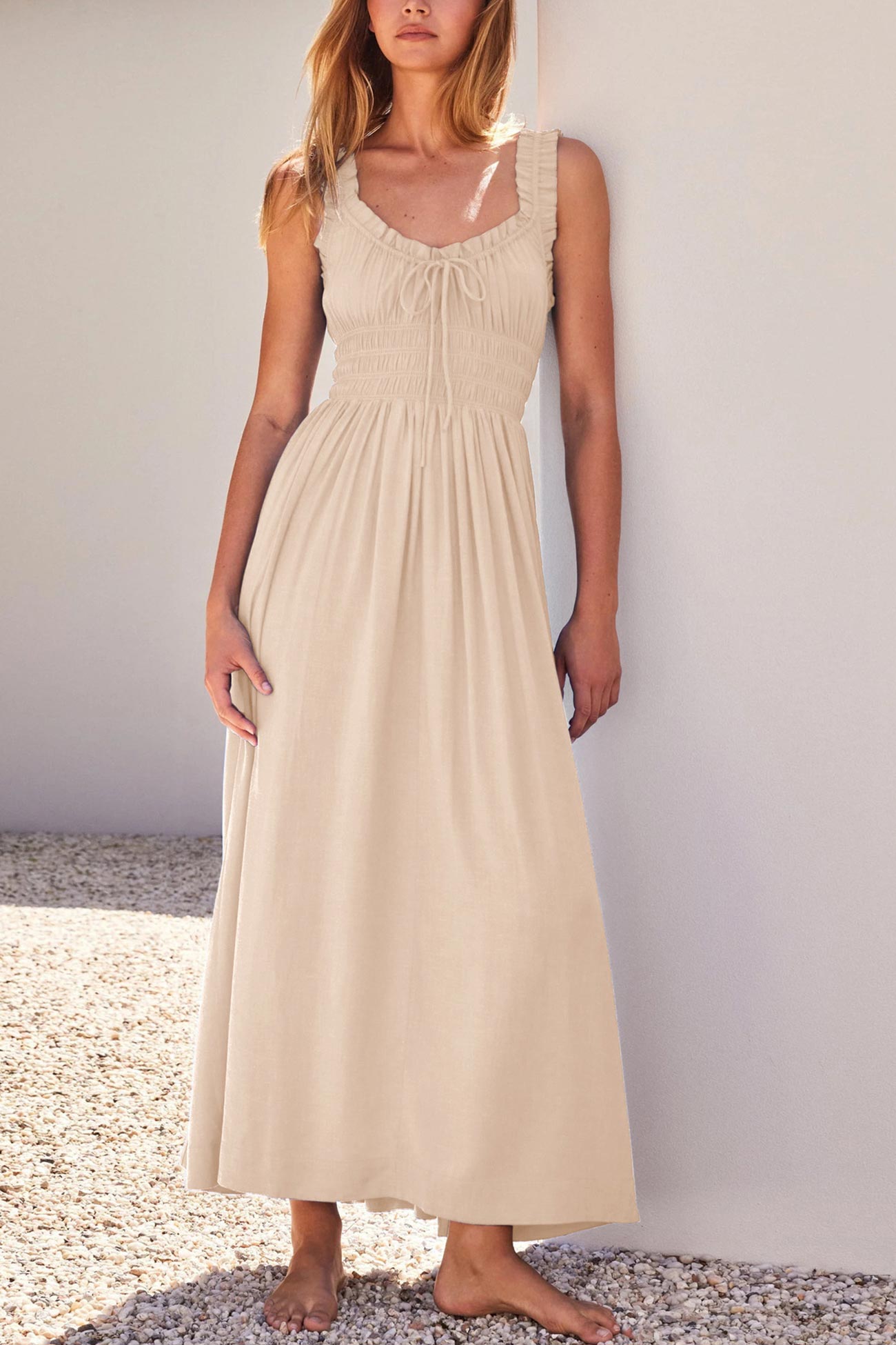 V Neck Tie-up Smocked Midi Dress