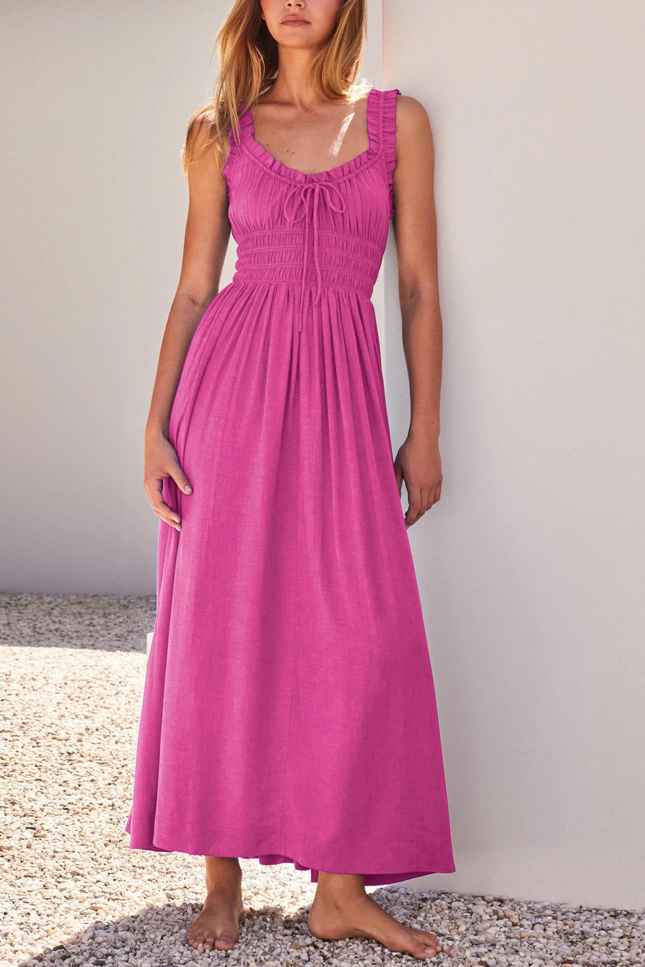 V Neck Tie-up Smocked Midi Dress