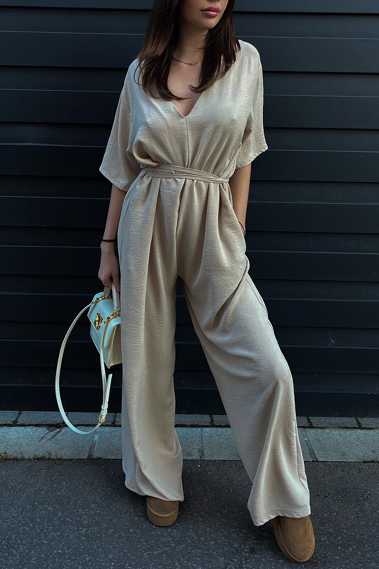 V Neck Tie-waist Wide Leg Jumpsuits - Fashionpara