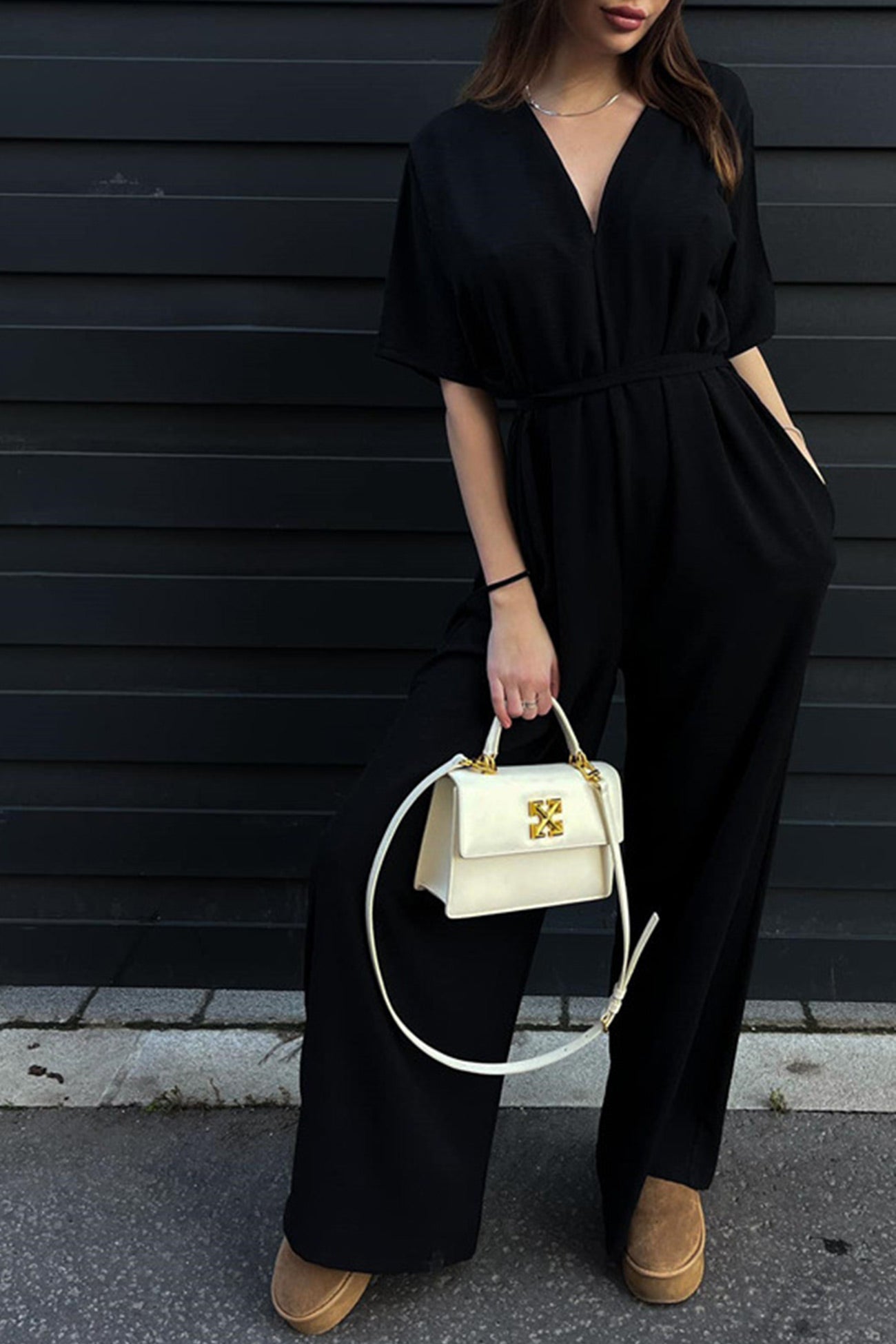 V Neck Tie-waist Wide Leg Jumpsuits - Fashionpara