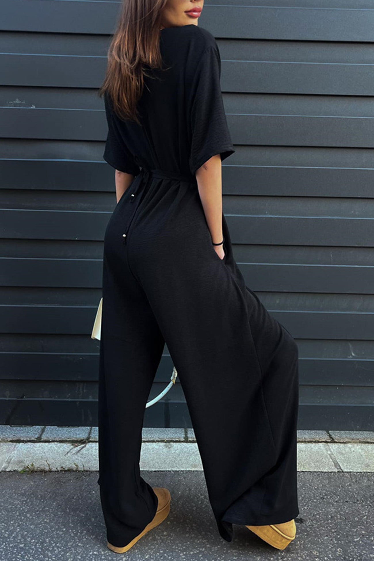V Neck Tie-waist Wide Leg Jumpsuits - Fashionpara