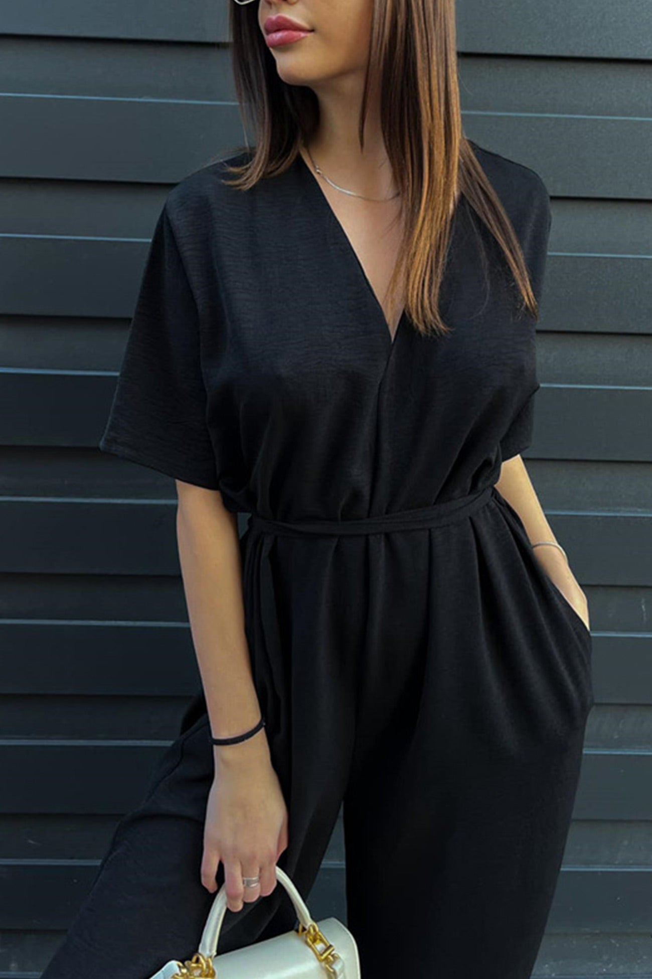 V Neck Tie-waist Wide Leg Jumpsuits - Fashionpara