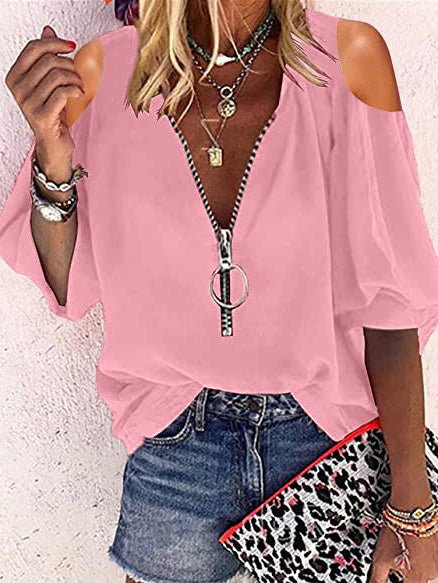 V-Neck Zip Off-Shoulder Long Sleeve Blouse - Fashionpara