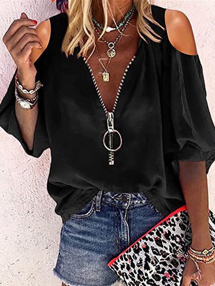 V-Neck Zip Off-Shoulder Long Sleeve Blouse - Fashionpara