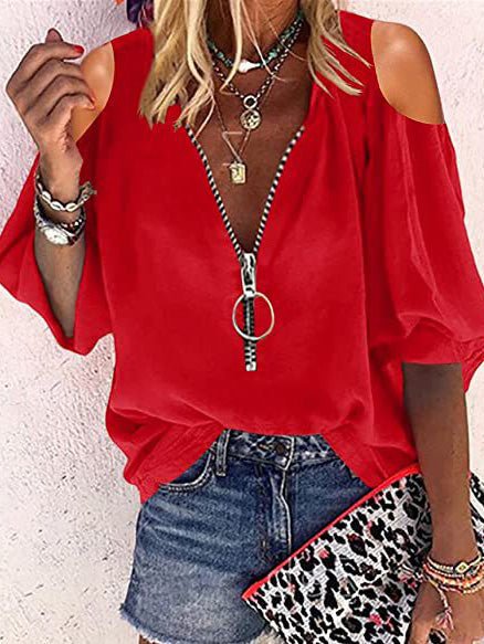 V-Neck Zip Off-Shoulder Long Sleeve Blouse - Fashionpara