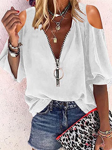 V-Neck Zip Off-Shoulder Long Sleeve Blouse - Fashionpara