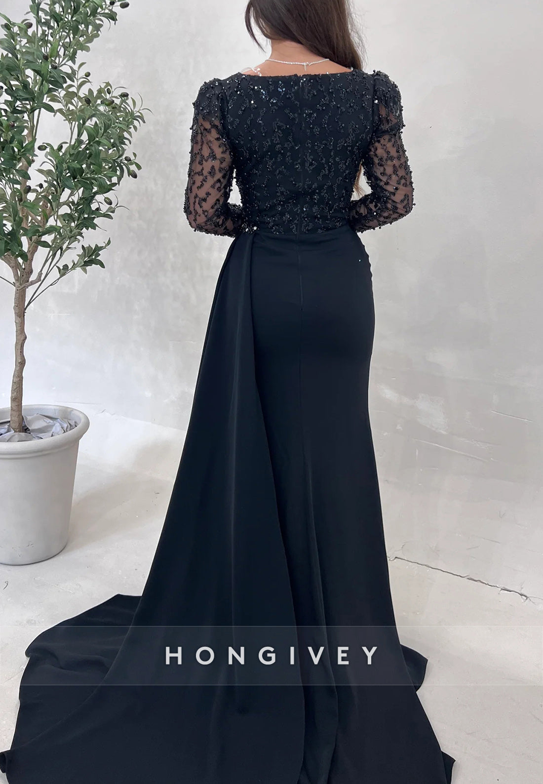 Sheath Sweep Train Long Sleeve Beading Formal Dresses