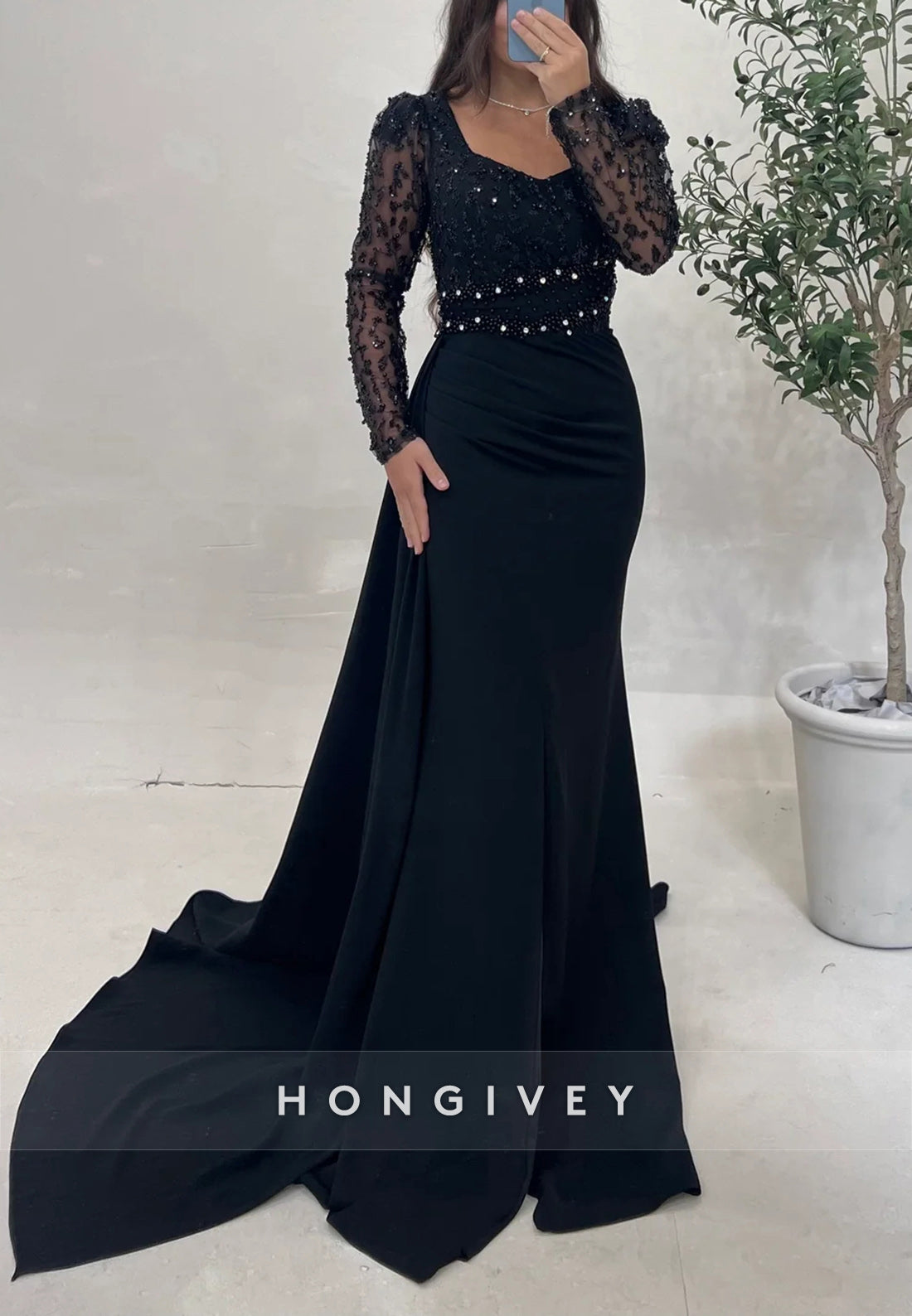 Sheath Sweep Train Long Sleeve Beading Formal Dresses
