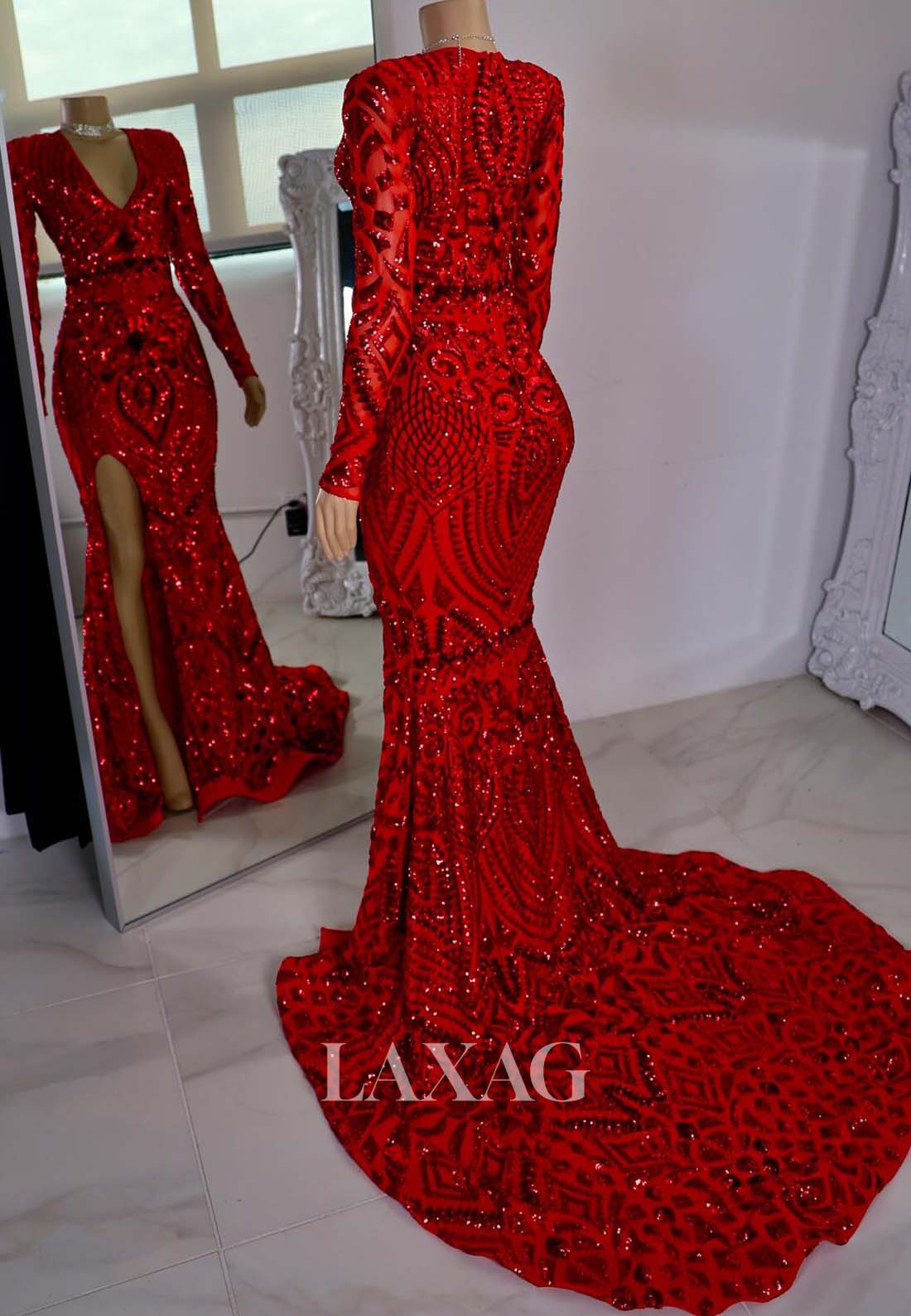 V-Neck Long-Sleeves Fully Sequins High Slit Sweep Train Mermaid Prom Dress for Black Girl Slay