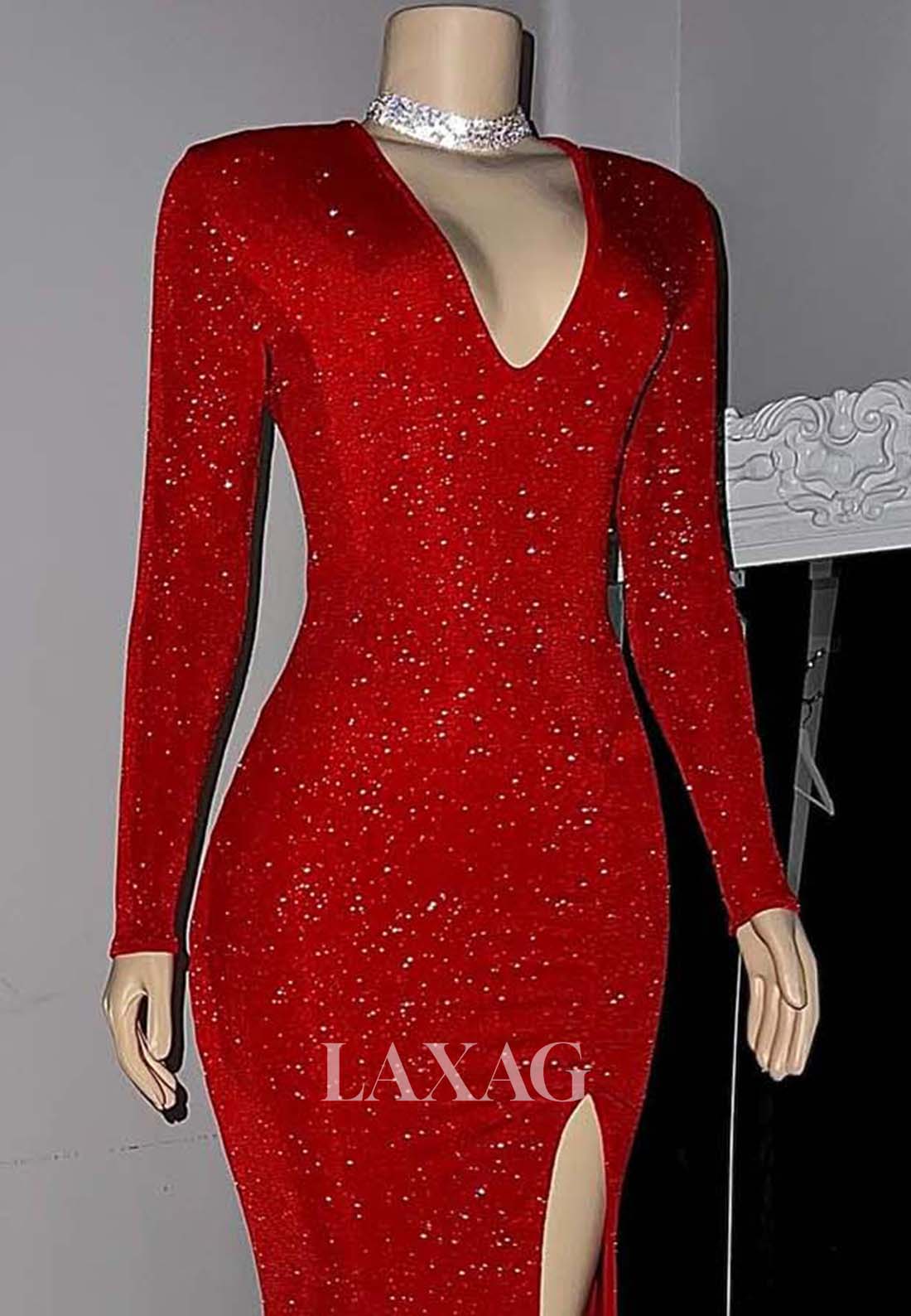 V-Neck Long-Sleeves Sequins Mermaid Prom Dress Fully Sequined High Slit Sweep Train Evening Gowns