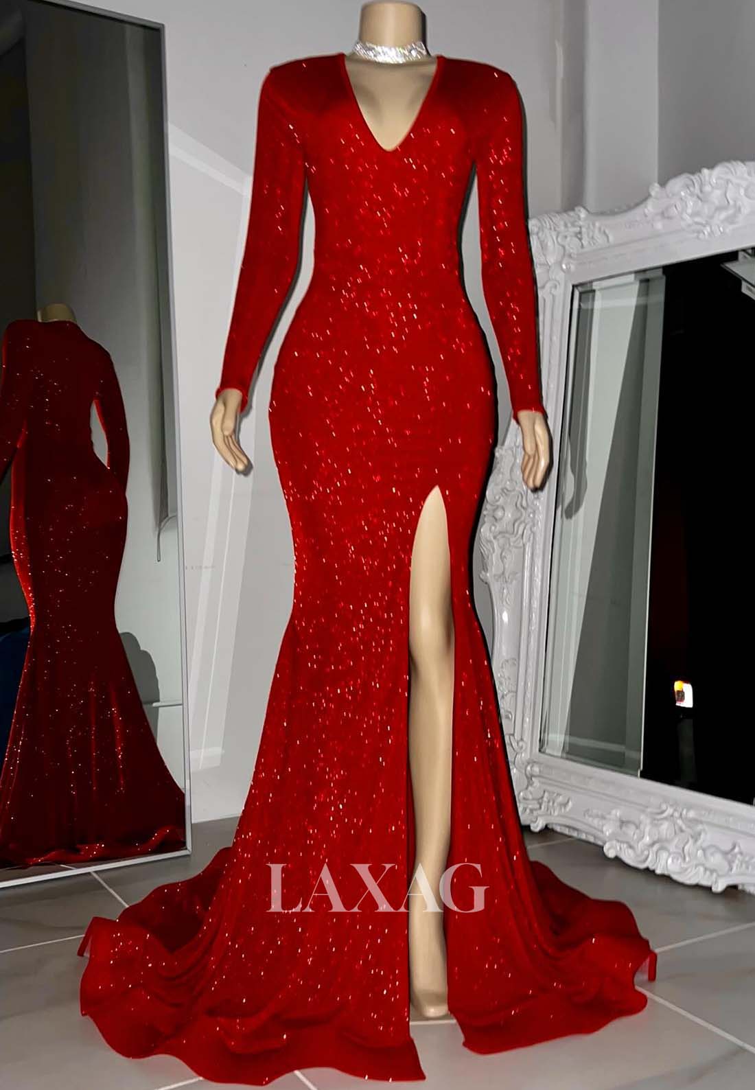 V-Neck Long-Sleeves Sequins Mermaid Prom Dress Fully Sequined High Slit Sweep Train Evening Gowns