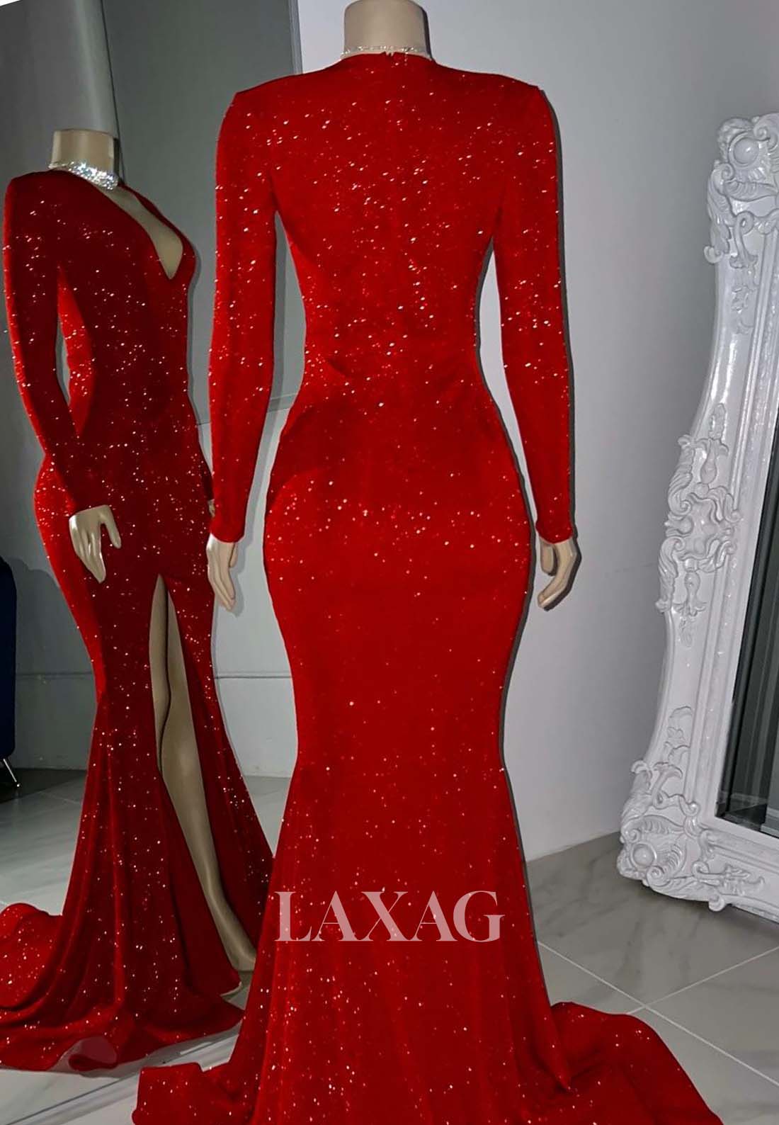 V-Neck Long-Sleeves Sequins Mermaid Prom Dress Fully Sequined High Slit Sweep Train Evening Gowns