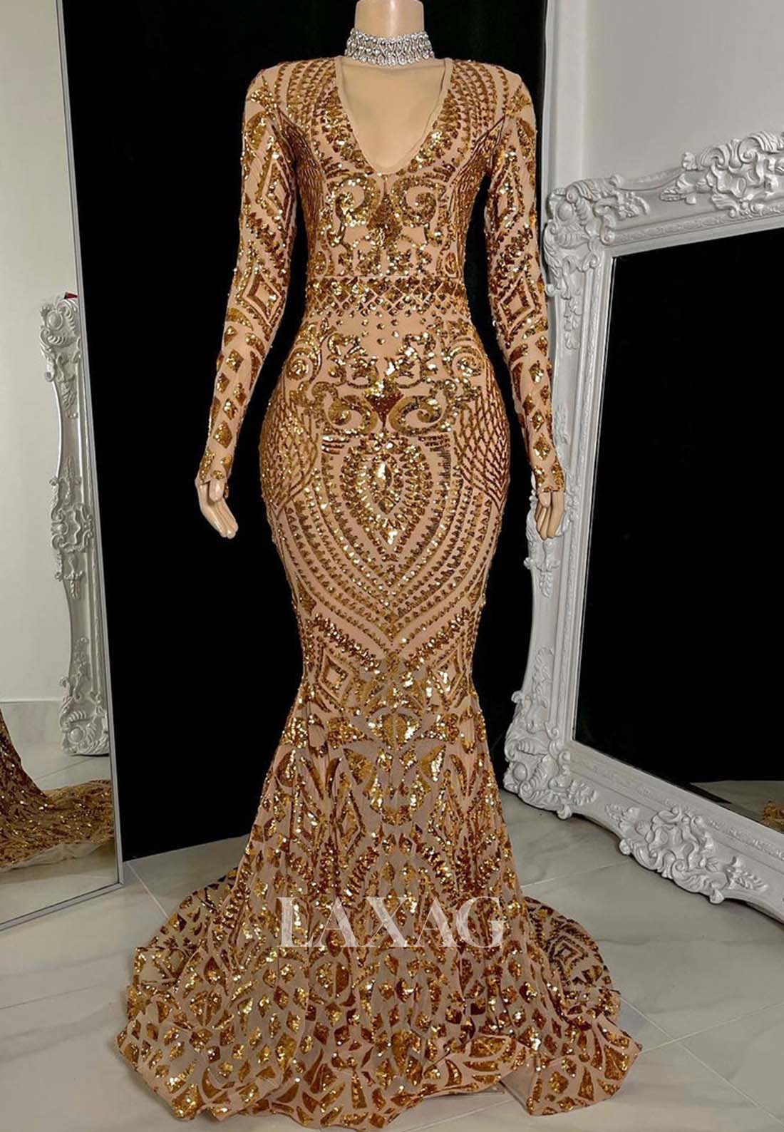 V-Neck Long-Sleeves Fully Sequined Sweep Train Mermaid Formal Prom Dress for Black Girl Slay