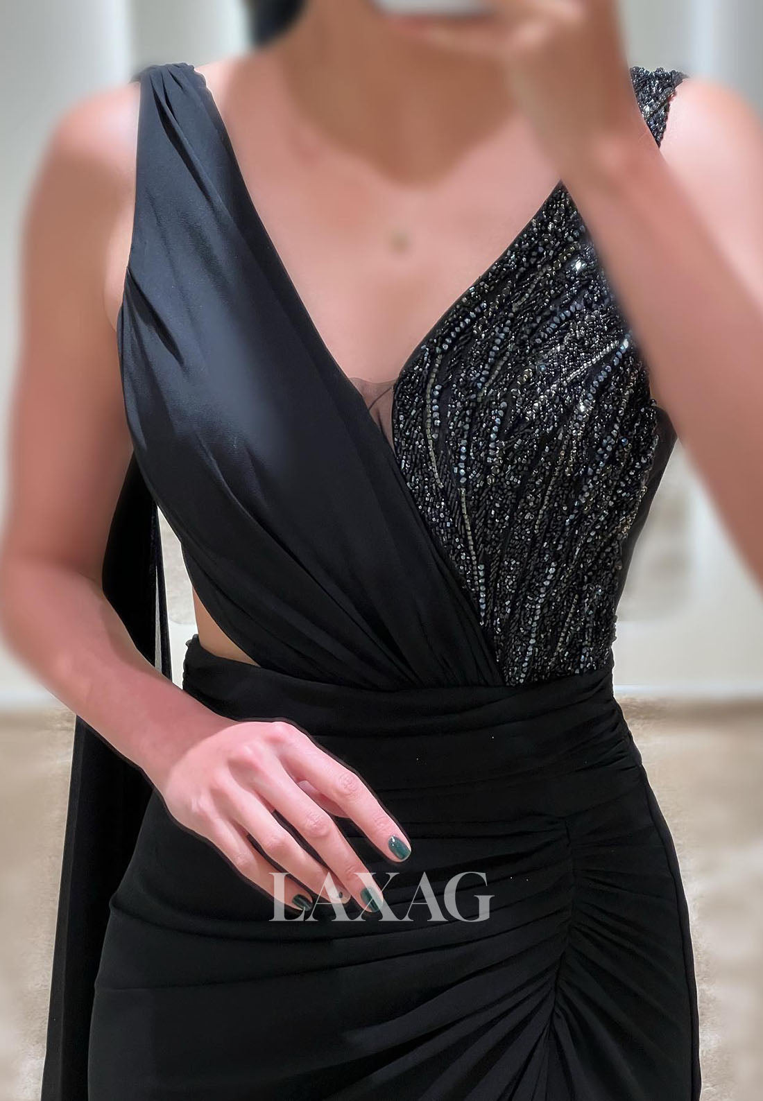 23161 - V-Neck Sequins Party Prom Formal Evening Dress with Slit and Overlay - Fashionpara