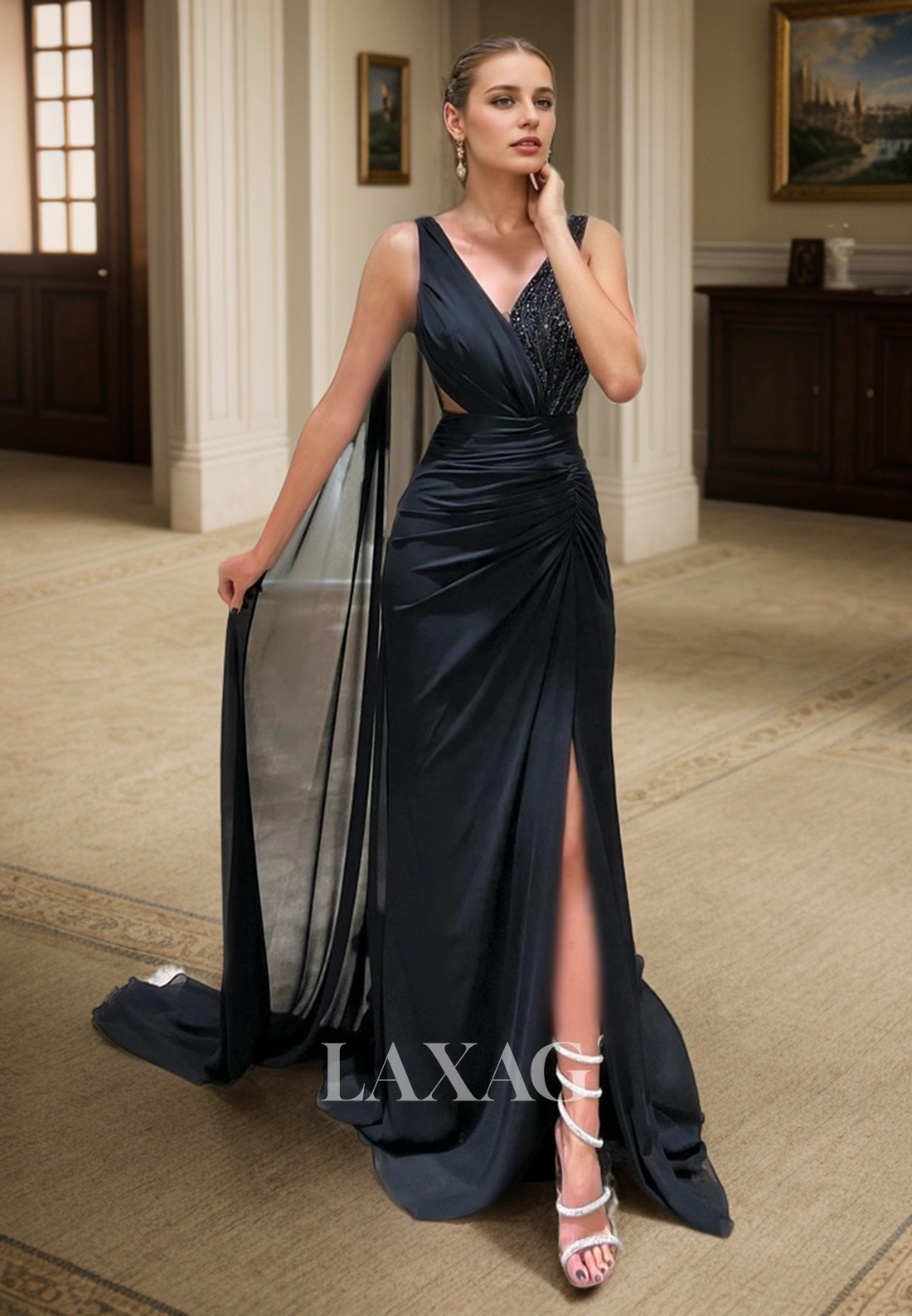 23161 - V-Neck Sequins Party Prom Formal Evening Dress with Slit and Overlay - Fashionpara