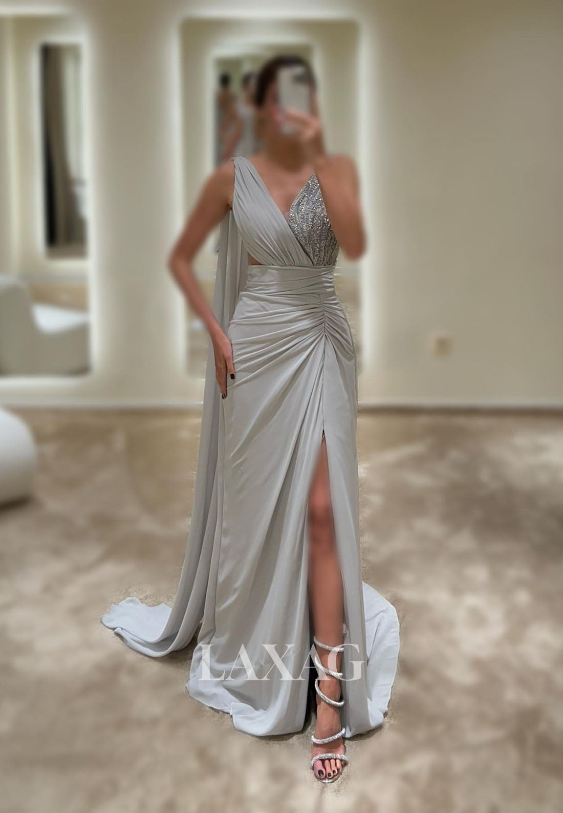 23161 - V-Neck Sequins Party Prom Formal Evening Dress with Slit and Overlay - Fashionpara