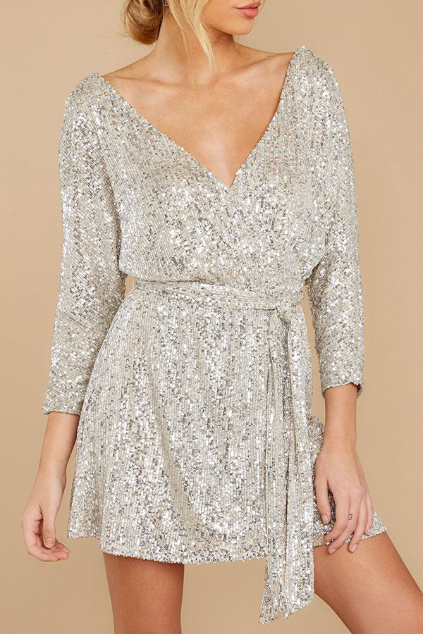 Double V-neck Tie Front Sequins Dress - Mislish