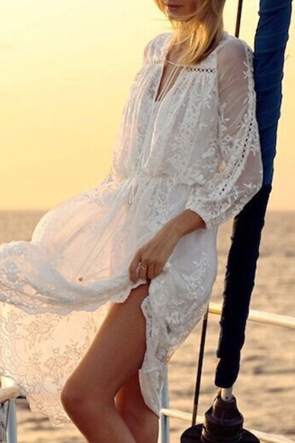 White Lace See Through Midi Dress