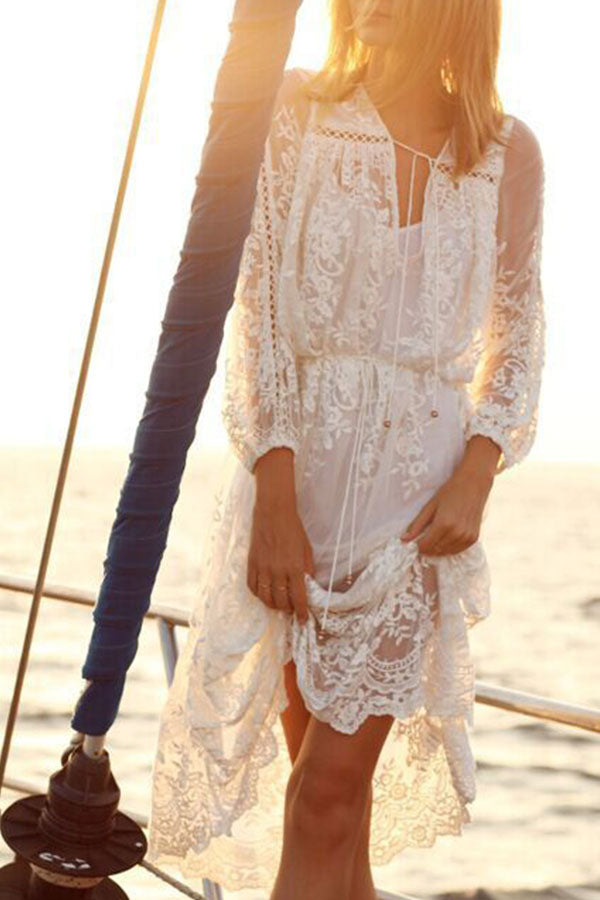 White Lace See Through Midi Dress