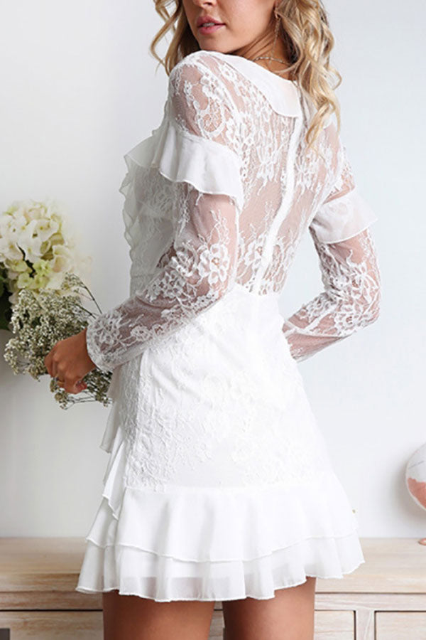 V-Neck Lace Short Ruffled Dress