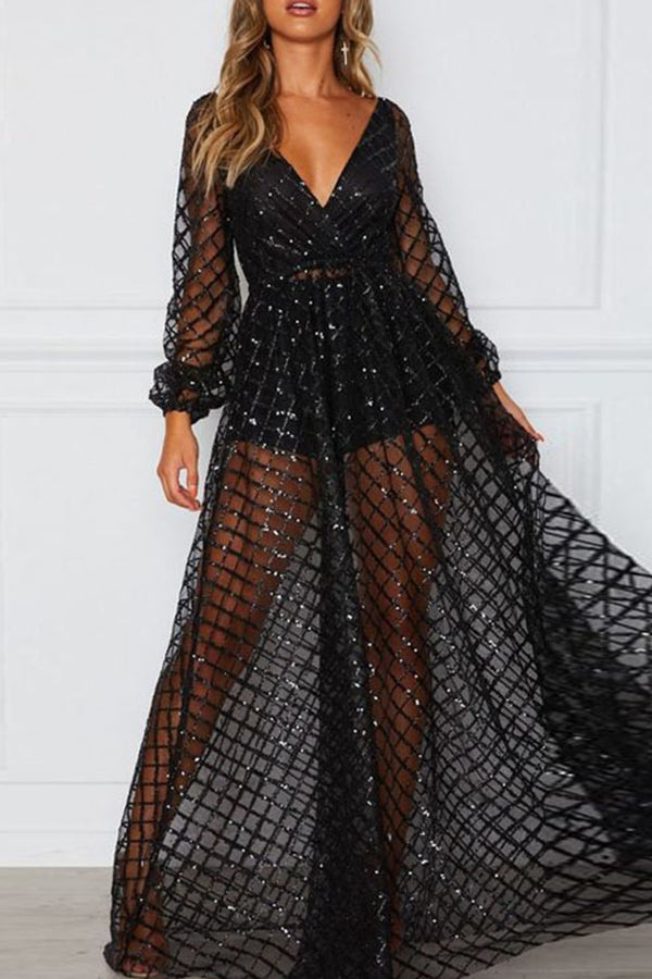 V-neck Backless See-thru Long Dress - Mislish