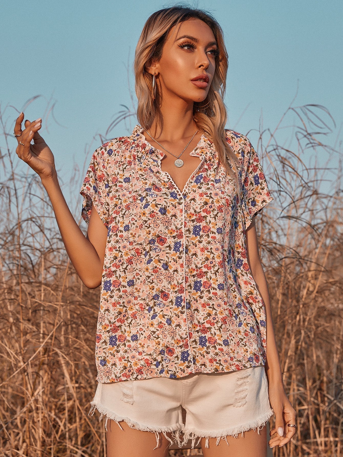 V-neck Floral Short-sleeved Chiffon Shirt Blouse - Fashionpara