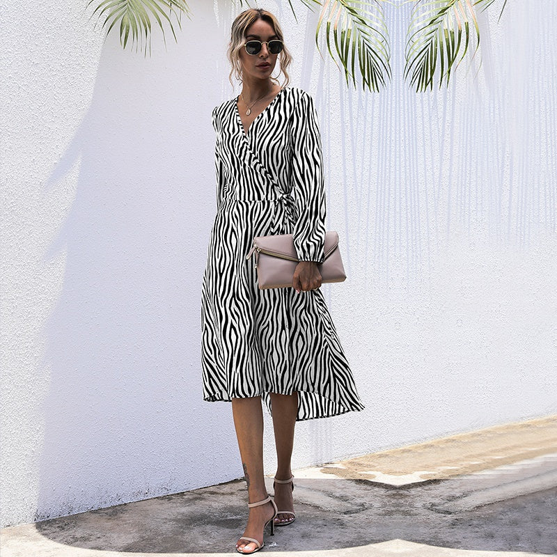 Zebra Print V-Neck Long Sleeve Tie Waist Midi Dress