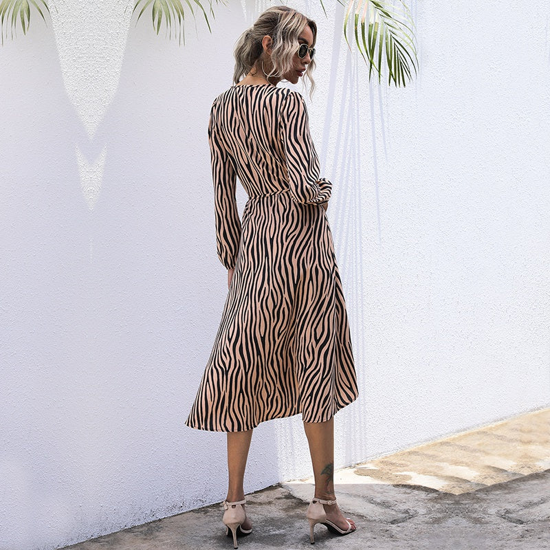 Zebra Print V-Neck Long Sleeve Tie Waist Midi Dress