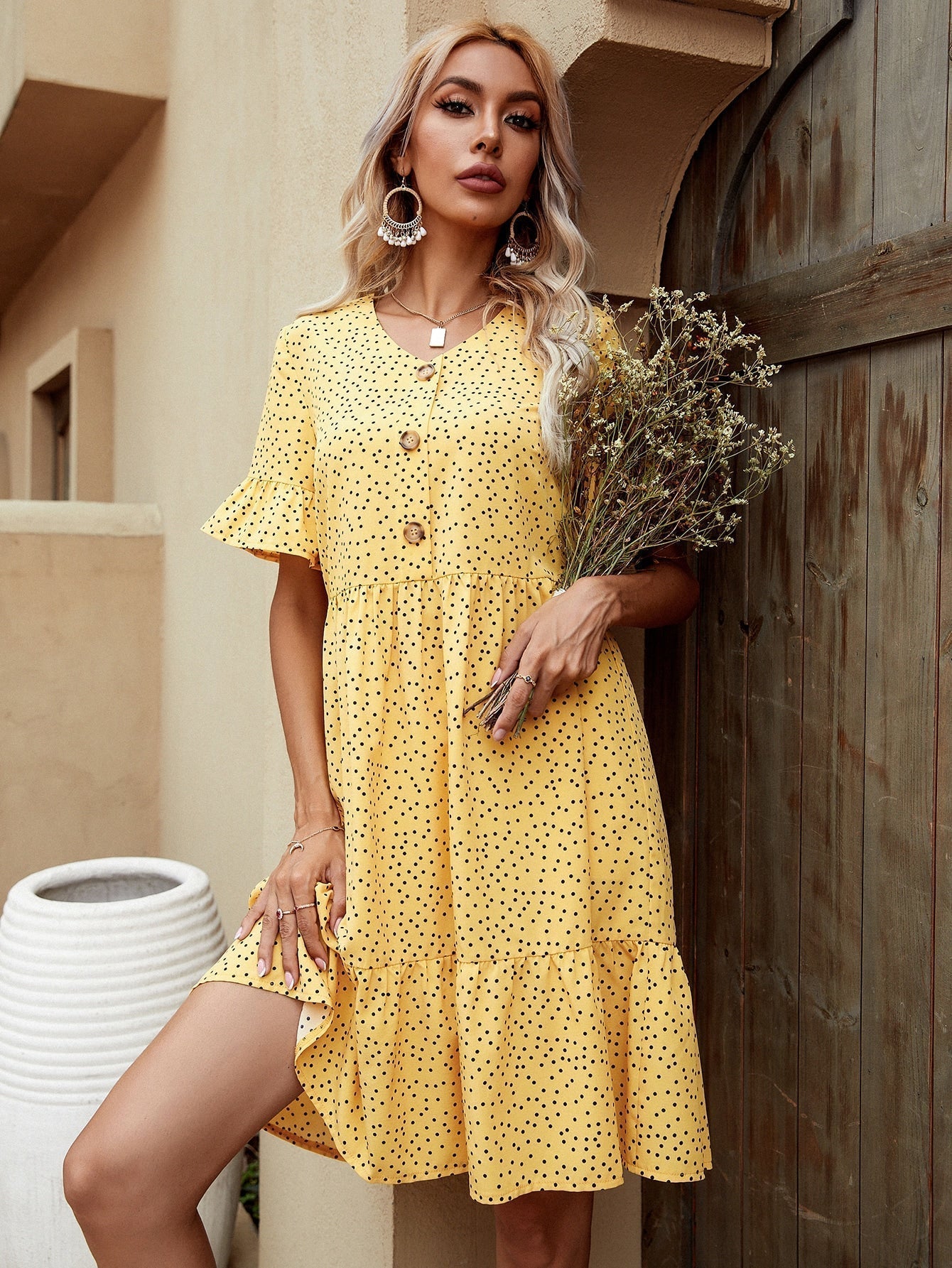 V-neck Polka Dot Ruffled Long Skirt - Fashionpara