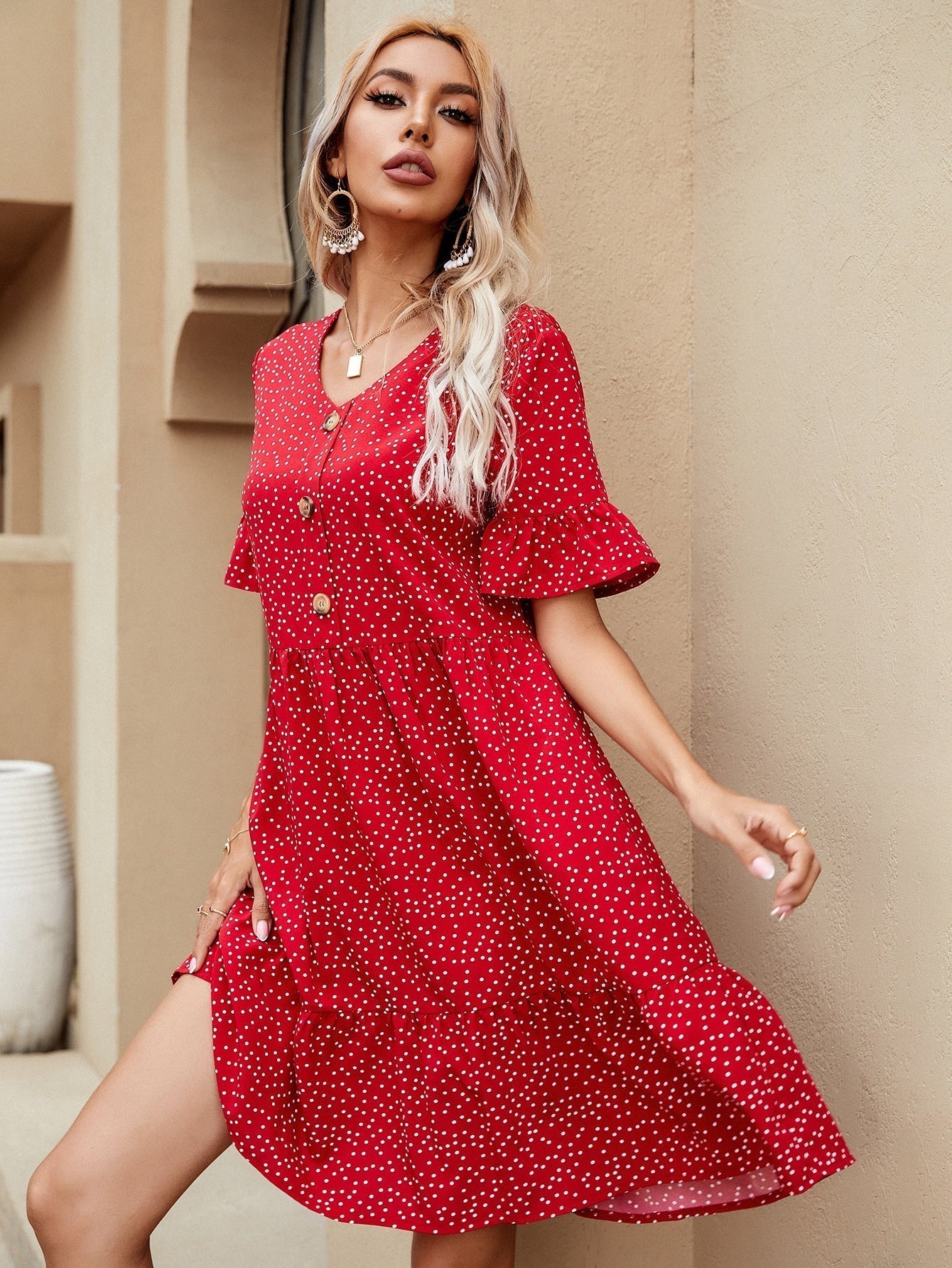 V-neck Polka Dot Ruffled Long Skirt - Fashionpara